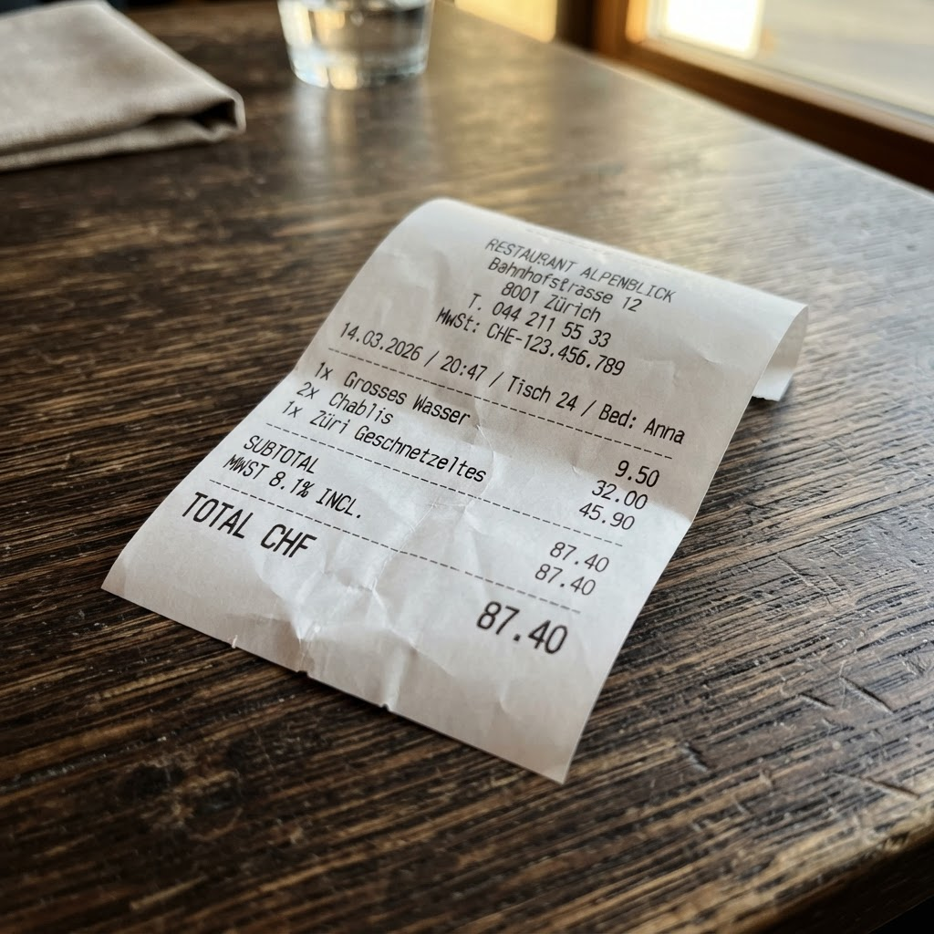 Zerknitterter Restaurantbeleg schräg auf einem Holztisch, fotografiert mit dem Telefon